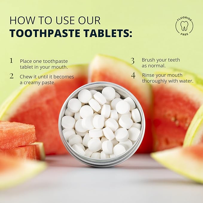 J&L Naturals Toothpaste Tablets | 62-Pack Travel-Friendly Toothpaste | Fluoride + Plastic Free, Vegan, Cruelty Free, Sustainable | Woman-Owned Small Business (Watermelon, 62 Count (Pack of 2))