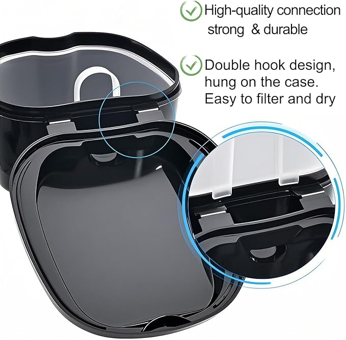 Black Denture Soaking Container Partial Denture Case, Orthodontic Retainer Cleaning Case Denture Cleaner Container Dentures Teeth Cup with Strainer and Lid Waterproof