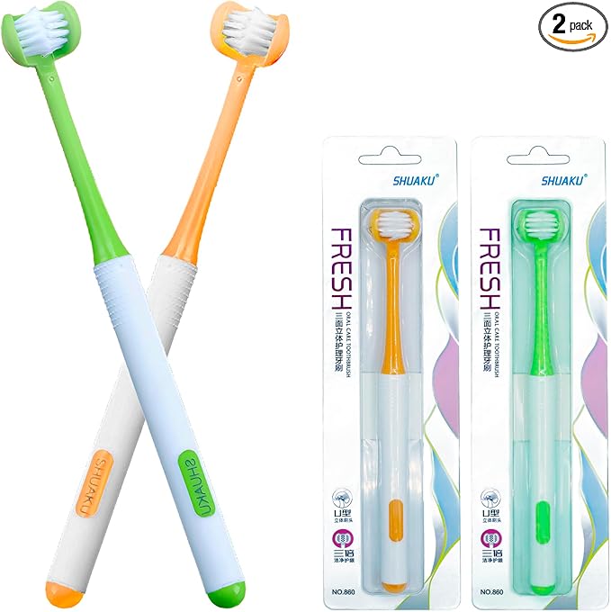 3 Sided Autism Toothbrush 360° Oral Teeth Cleaning Design U-Shaped Toothbrush 2 PCS Adult Soft Bristles Soft and Gentle for Complete Tooth and Gum Care (Green+Orange)
