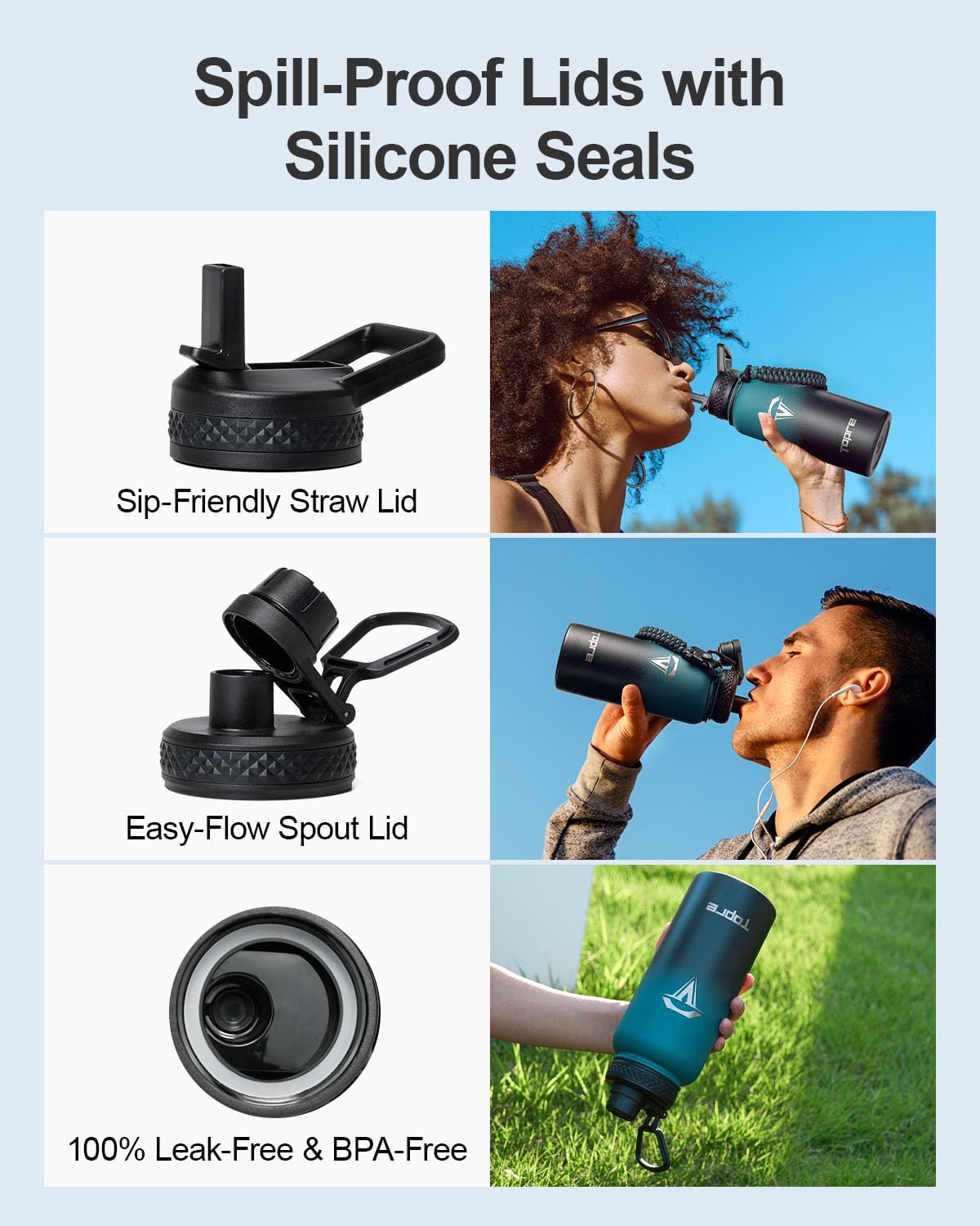 32oz Insulated Water Bottle,Stainless Steel Vacuum Water Bottle, BPA-Free & Leakproof -with Paracord Handle,Strap,Straw Spout Lids,Large Water Jug for Gym Sports