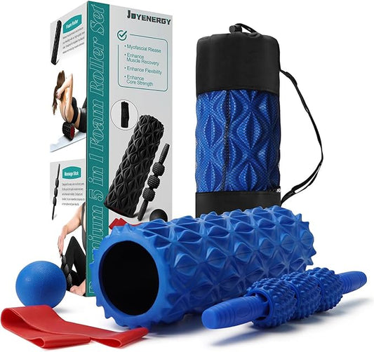 5 in 1 Foam Roller Set Trigger Point Foam Roller, Massage Roller Stick, Massage Ball, Stretching Strap for Deep Muscle Massage Pilates Yoga, Fitness Exercise for Whole Body (Blue Diamond)