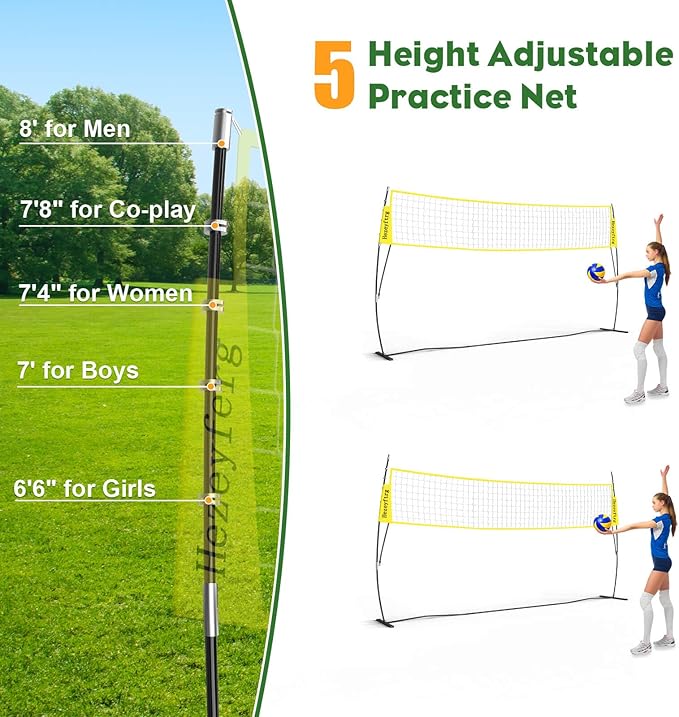 20FT/12FT Freestanding Volleyball Training Net, 5 Height Adjustable Portable Volleyball Net System, Quick Setup Practice Set for Indoor or Outdoor Use