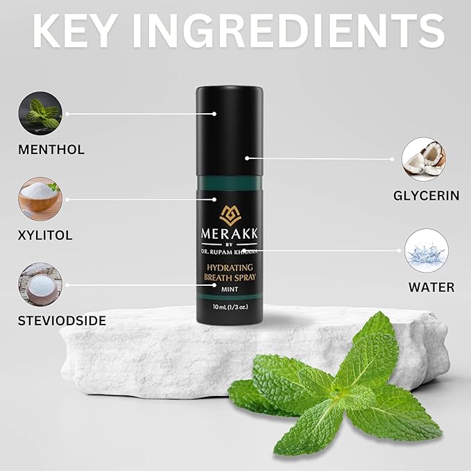Merakk Dry Mouth Spray Hydrating Fresh Breath Spray (Mint) - Sugar-Free Breath Freshener | Bad Breath Spray W/Xylitol, Stevioside, Menthol - Dentist-Designed- 0.3 fl oz
