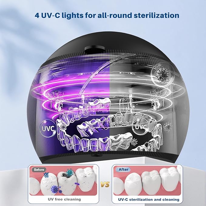 Voraiya Ultrasonic UV Cleaner for Dentures, Aligner, Retainer, Whitening Trays, Night Dental Mouth Guard, Toothbrush Head, Ultrasonic Jewelry Cleaner Machine for all dental Appliances, Diamon