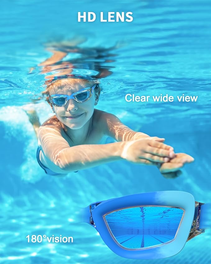 Kids Swim Goggles, Swimming Goggles for Kids with Nose Clip, Earplugs, Nose Bridge for Age 3-15