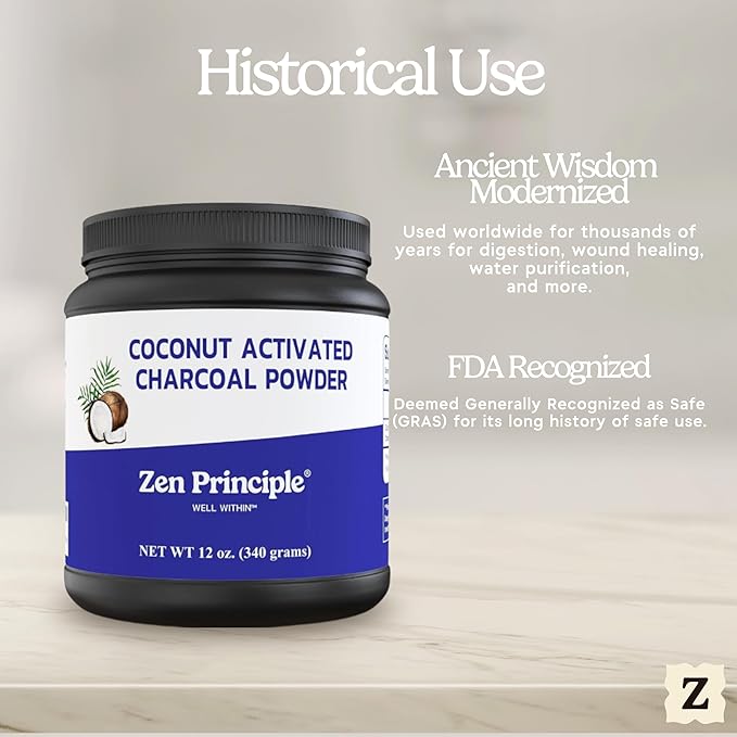 Zen Principle Coconut Activated Charcoal Powder. Whitens Teeth, Rejuvenates Skin and Hair, Supports Better Digestion. USA-Owned Producers, Free Scoop, 12 Oz
