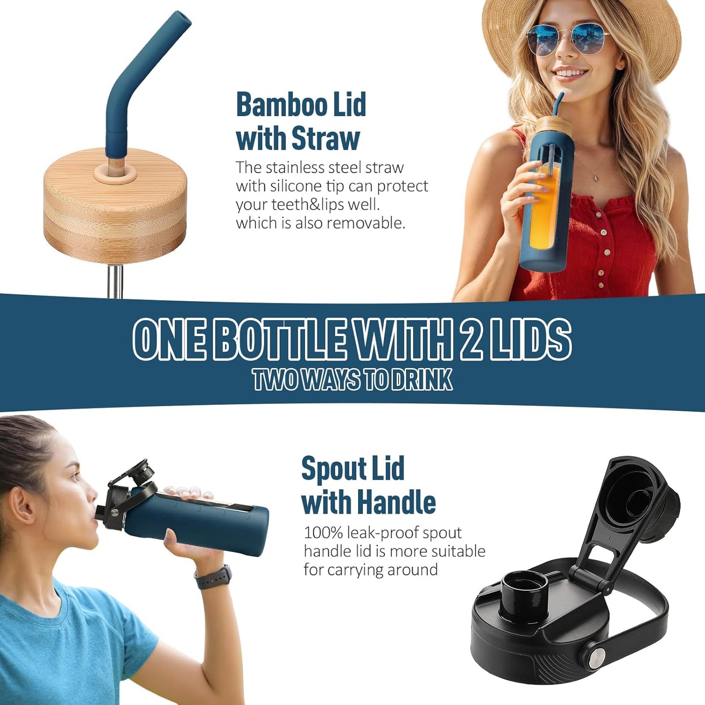 Kodrine Water Bottle with Straw, 24 oz Glass water Bottle with 2 Lids Bamboo Straw Lid and Spout Lid with Handle, 32 oz Clear Water Bottle Glass for Sports Travel, Waterbottle with Time Marker