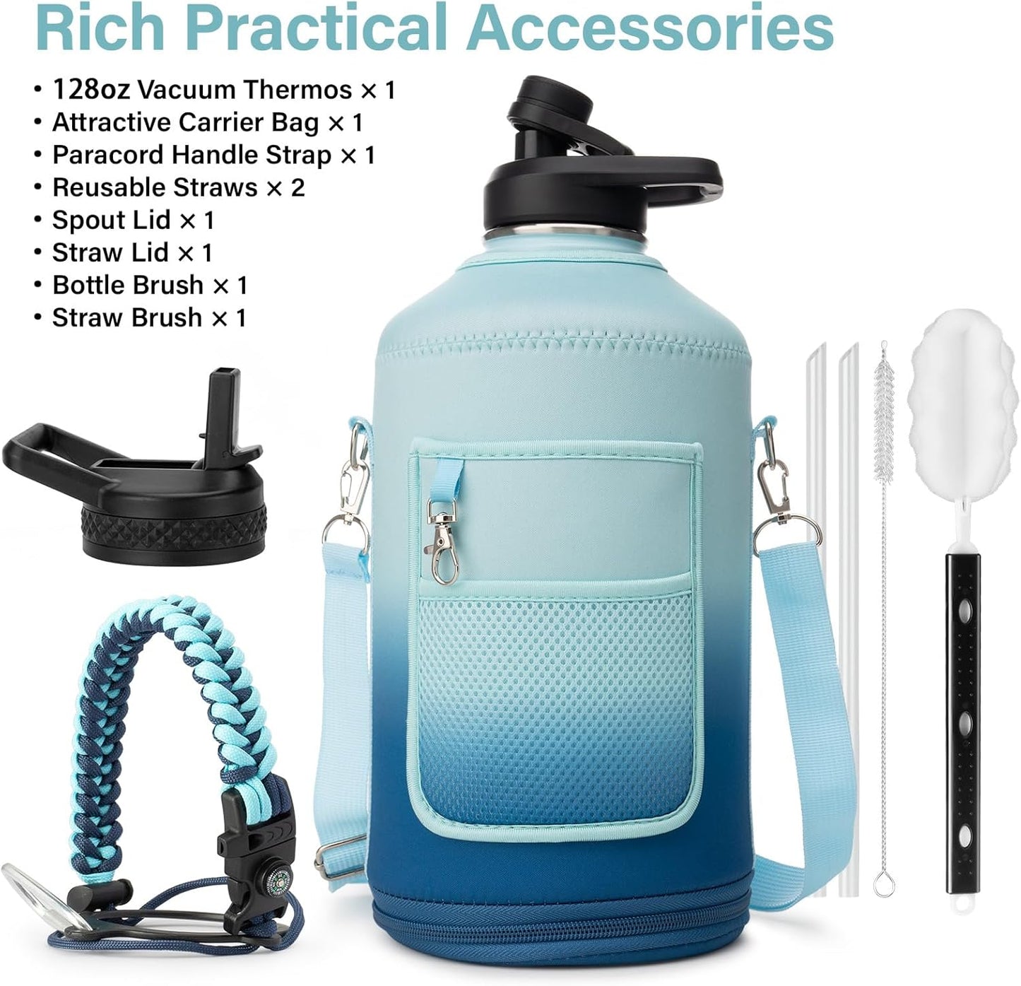 1 Gallon Water Bottle Insulated | Thickened Stainless Steel Vacuum Metal Water Jug | Portable Sports Large for Gym and Hiking with Straw, Carrier Bag, Handle Strap | BPA-Free 128 oz