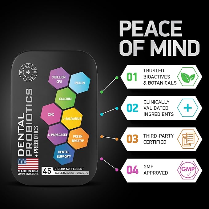 Dental Probiotics for Teeth and Gums - Lactobacillus Salivarius Probiotic and Prebiotic Blend - Best Oral Probiotic for Teeth, Gums and Bad Breath - 90 Natural Mint Tablets in Travel Tins