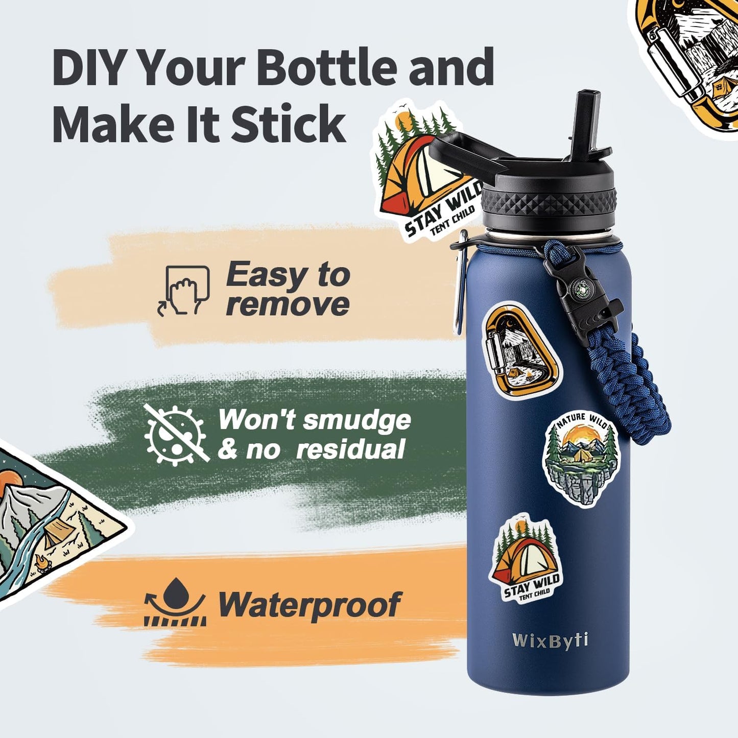 40 oz Insulated Water Bottle with Straw (Cold for 48 Hrs), Stainless Steel Triple Wall Vacuum Sports Water Jug, Leakproof Hydro Cup Flask with Paracord Handle & Straw Spout Lids & DIY Stickers