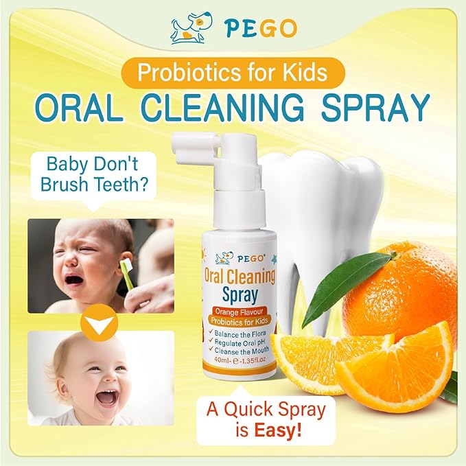 PEGO Kids Oral Spray - Toddler Toothpaste Helper for Fresh Breath, Fruit-Flavored, Probiotic Mouth Spray,Fluoride Free for Newborn to 12 Years (40ml*1, Orange)