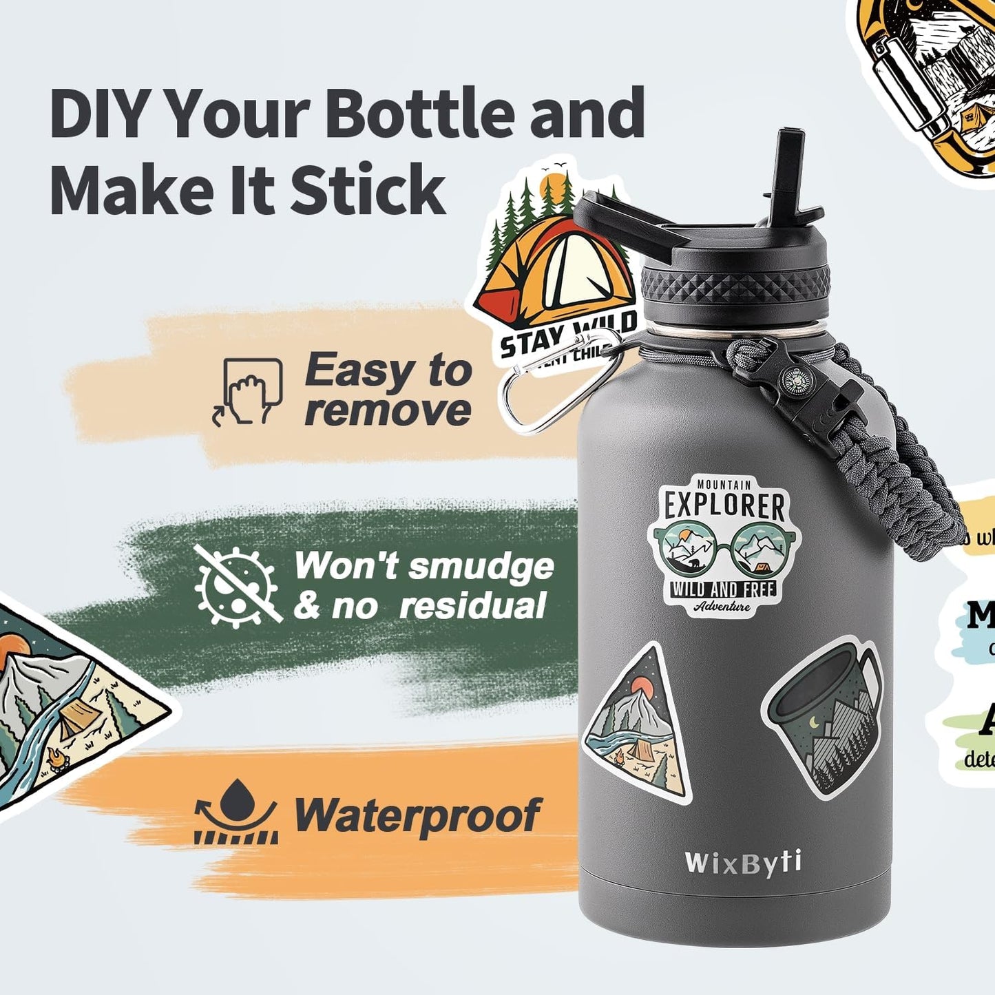 64 oz Insulated Water Bottle with Straw (Cold for 48 Hrs), Half Gallon Stainless Steel Triple Wall Vacuum Sports Water Jug, Leakproof Hydro Cup Flask with Straw Spout Lids & DIY Stickers