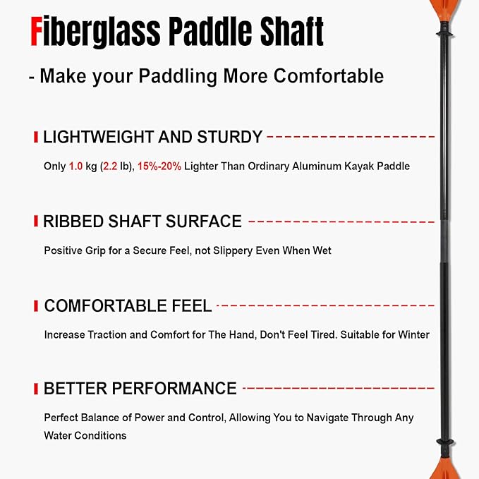 Kayak Paddles with Fiberglass Shaft and Reinforced PP Blade, Floating Adjustable Kayaking Oars, 3 Piece, 220-240 cm/86-94 Inches, 240-260 cm/94-102 Inches