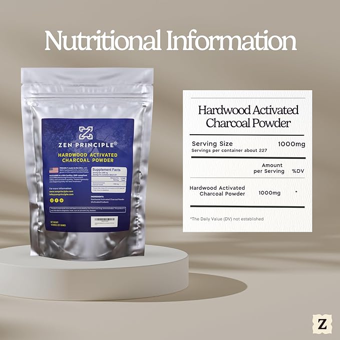 Zen Principle Hardwood Activated Charcoal Powder 100 Percent from USA Trees. All Natural. Whitens Teeth, Rejuvenates Skin and Hair, Supports Better Digestion, 8 oz.