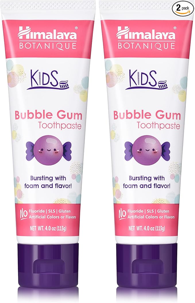 Himalaya Botanique Kids Toothpaste, Herbal, Bubble Gum Flavor, Fights Plaque, Fluoride Free, Gentle, No Artificial Flavors or Colors, SLS Free, Gluten Free, Cruelty Free, Vegan, Foaming, 4 Oz, 2 Pack