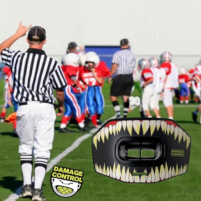 DAMAGE CONTROL Youth Football Mouth Guard – Breathable No Boil Mouthpiece, Protects Lips & Teeth, Works with Braces, Includes Helmet Strap – Sports Gear & Accessories (Symbite)