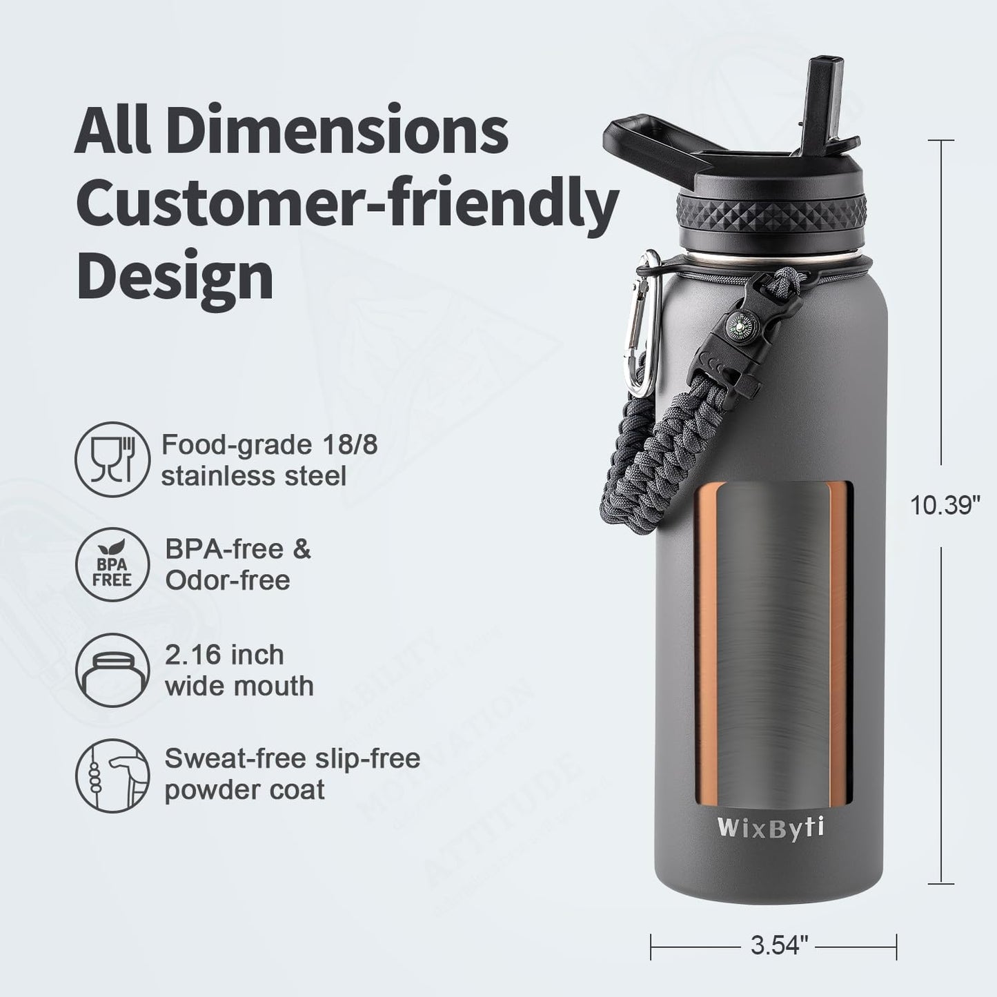 40 oz Insulated Water Bottle with Straw (Cold for 48 Hrs), Stainless Steel Triple Wall Vacuum Sports Water Jug, Leakproof Hydro Cup Flask with Paracord Handle & Straw Spout Lids & DIY Stickers