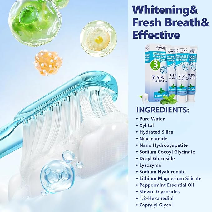 3 Pack Natural Whitening Fluoride Toothpaste,Whitening Toothpastes with Ocean Mint,Nano Hydroxyapatite Toothpaste, Appropriate for Sensitive Teeth - for Adult, Kids Oral Care,3 Oz Tubes