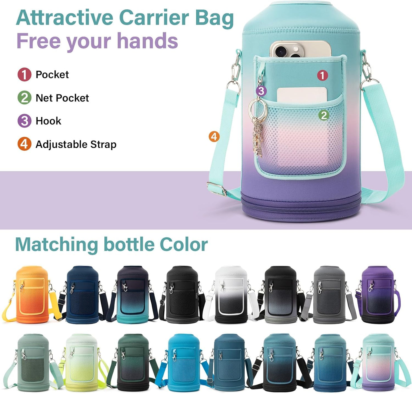 1 Gallon Water Bottle Insulated | Thickened Stainless Steel Vacuum Metal Water Jug | Portable Sports Large for Gym and Hiking with Straw, Carrier Bag, Handle Strap | BPA-Free 128 oz