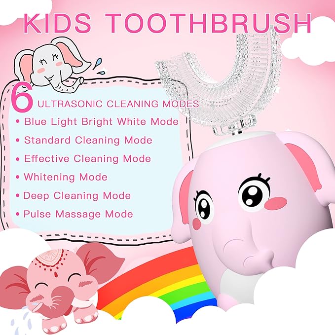 Kids Electric U Shaped Toothbrush Children Rechargeable Sonic Toothbrush with 4 Brush Heads Full Mouth 6 Cleaning Modes - (Age 2-7 Pink)