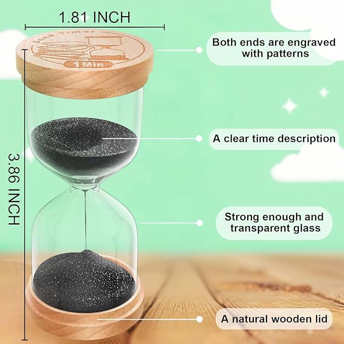 1 Minute Sand Timer, Wooden Hourglass Sand Clock, Small Beech Wood Black 1 Min Hour Glass, One Minutes Sandglass for Brushing Teeth, Reloj De Arena, Classroom, Game, Kitchen, Home, Office