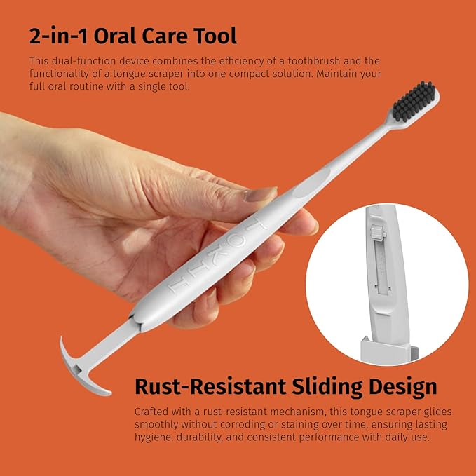 TOKII Tongue Scraper Cleaner Charcoal Bristles Toothbrush for Bad Breath with Waterproof Pouch for Travel, Hygienic Stand and Enviromentally Friendly (White, Pack of 2)