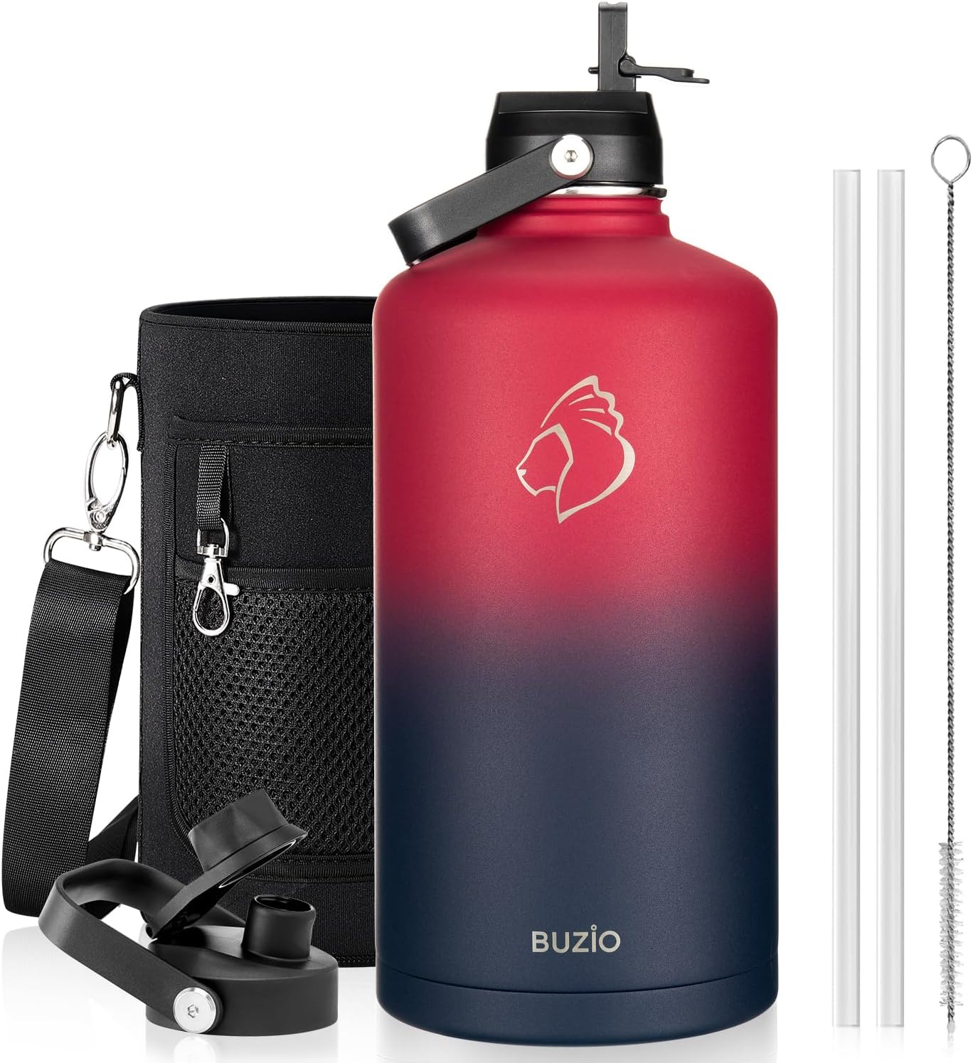 128oz Insulated Water Bottle, BUZIO Gallon Water Jug with Straw Lid and Carrying Sleeve (Cold for 48 Hrs) Stainless Steel Hydro Metal Canteen Water Flask, Ruby Red Navy