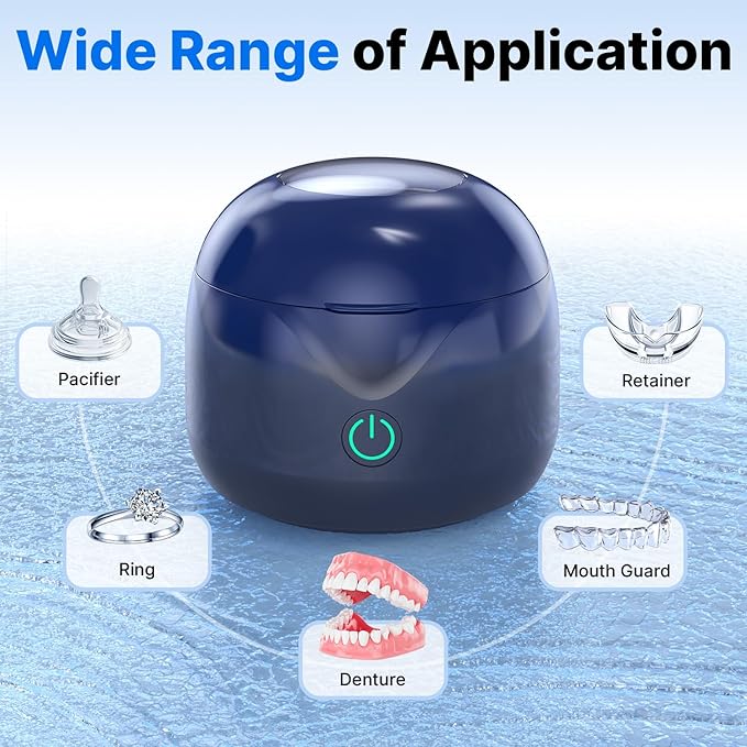 Ultrasonic Retainer Cleaner - UV Dental Cleaning Pod Night Guard Cleaner for Dentures, Aligner, Braces, Toothbrush Heads, Jewelry (Navy Blue)