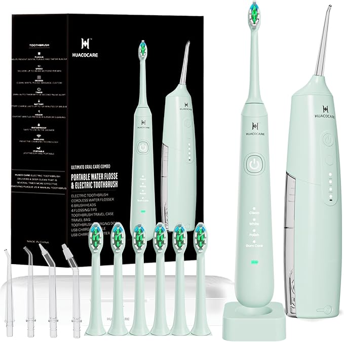 2-1 Oral Clean Kit- Water Dental flosser & Electric Toothbrush Combo- Brushing & Flossing- for Teeth Cleaning and Gum Health (Light Green)