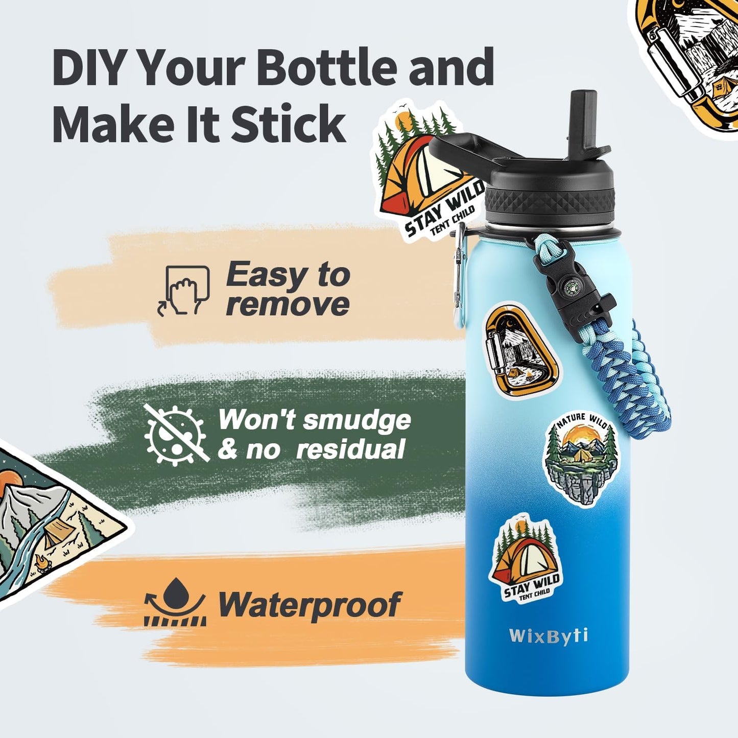 40 oz Insulated Water Bottle with Straw (Cold for 48 Hrs), Stainless Steel Triple Wall Vacuum Sports Water Jug, Leakproof Hydro Cup Flask with Paracord Handle & Straw Spout Lids & DIY Stickers