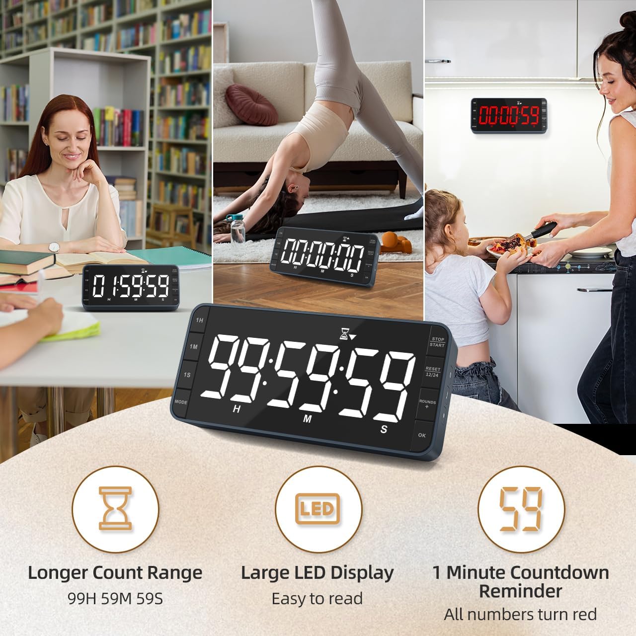 7.8'' Extra Large LED Kitchen Timer: 99H Countdown Countup with 3 Brightness, 5 Alarms & 4 Volume Levels, Magnetic Rechargeable Timer for Cooking, Classroom, Home Gym