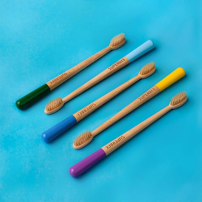 Superbee Biodegradable Bamboo toothbrushes – 5 Pack – Soft bristles for Adults & Kids’ Teeth with Colorful Handles - Eco-Friendly Natural Bamboo toothbrushes – Zero Waste Travel Toothbrush Kit