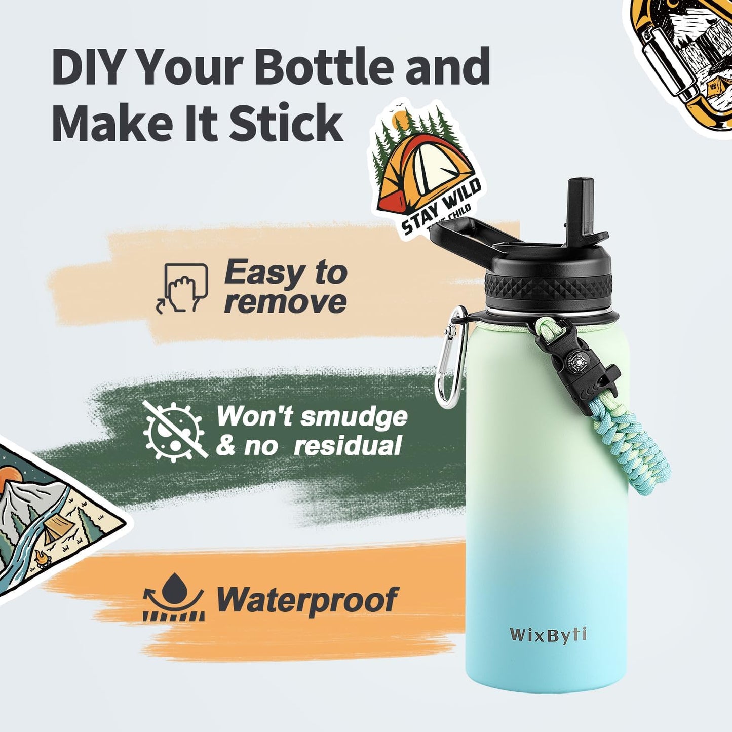 32 oz Insulated Water Bottle with Straw (Cold for 48 Hrs), Stainless Steel Triple Wall Vacuum Sports Water Jug, Leakproof Hydro Cup Flask with Paracord Handle & Straw Spout Lids & DIY Stickers