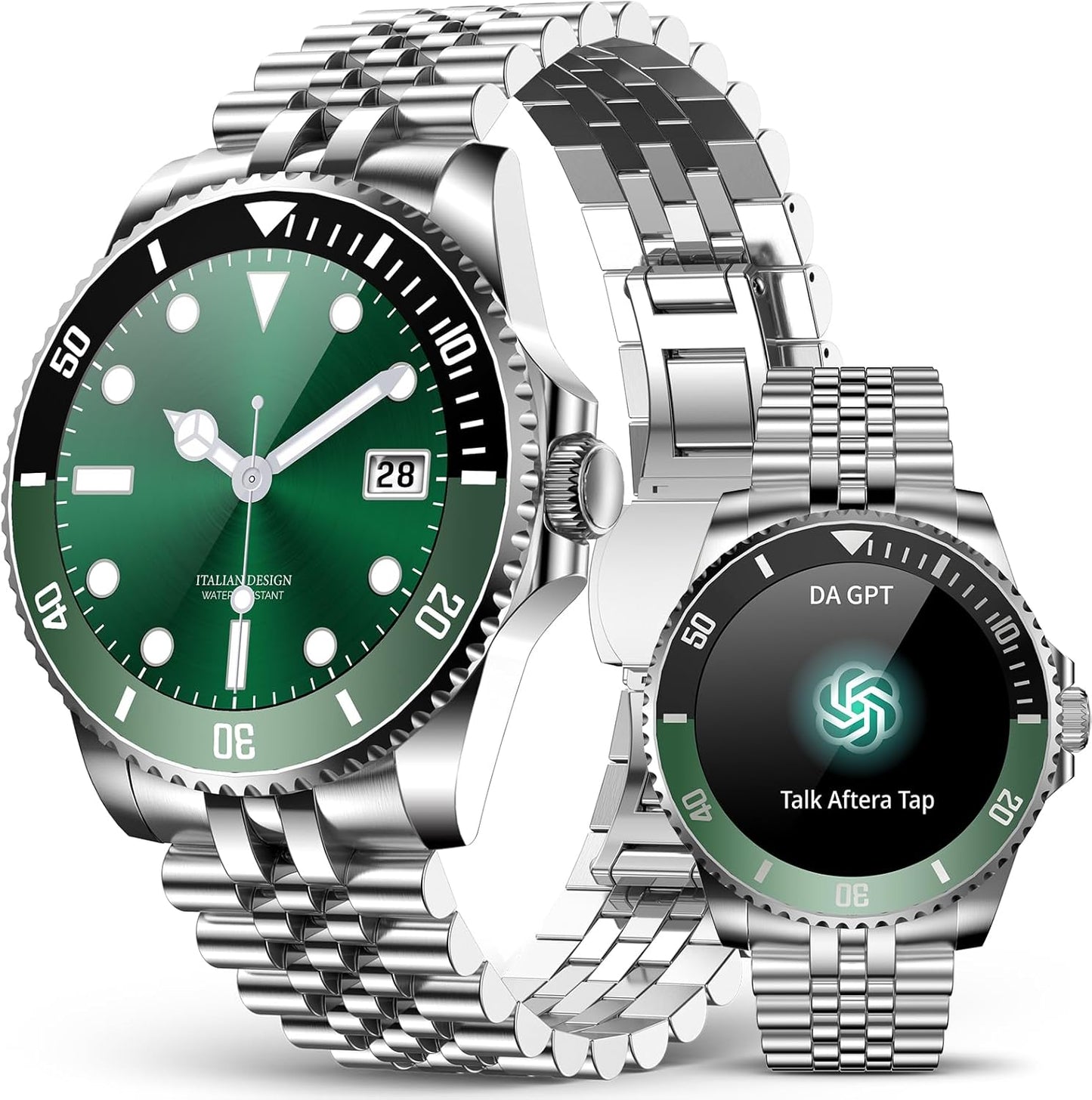 AI Smart Watch, DA GPT AI Waterproof Smartwatch, 1.19-inch AMOLED Display, 24/7 Heart Rate, Blood Oxygen, Blood Pressure, Sleep Monitor, 107 Sports Modes, Compatible Android and iOS Silver Green