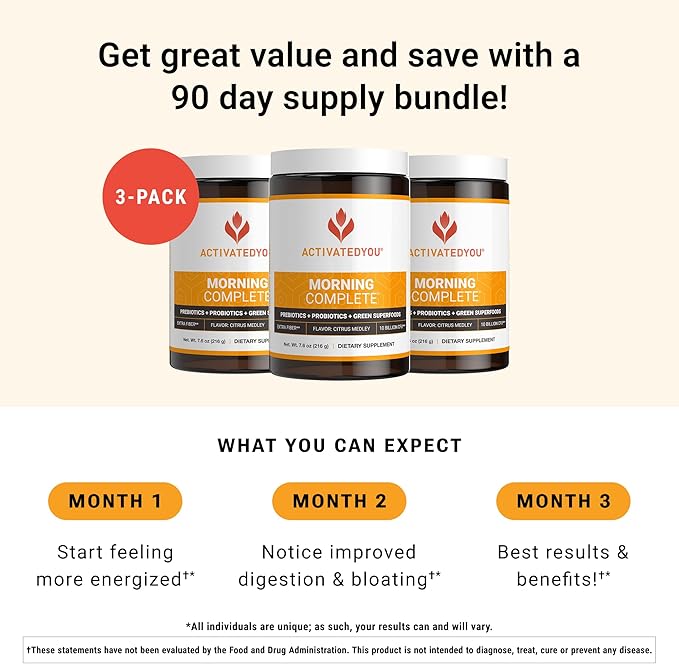 ACTIVATEDYOU Morning Complete Daily Wellness Greens Superfood Drink Mix for Gut Health w/Prebiotics, Probiotics, Antioxidants, Green Superfoods, 10 Billion CFUs (3 Pack, Citrus Medley)