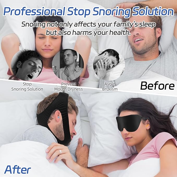 Anti Snoring Chin Strap for Sleeping, Adjustable Flexible Sleep Chin Strap to Keep Mouth Closed, Breathable Airflow Jaw Strap for Sleep Men Couple Stop Snoring Jaw Strap Set with 3D Eye Mask