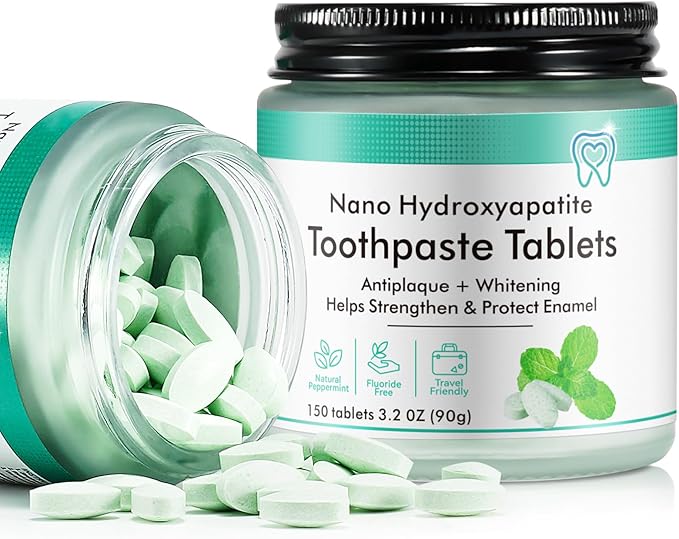 Toothpaste Tablets, Natural Peppermint Hydroxyapatite Toothpaste Tabs, Fluoride Free, Travel Friendly, 150 Tablets Mouthwash Chewable for Teeth
