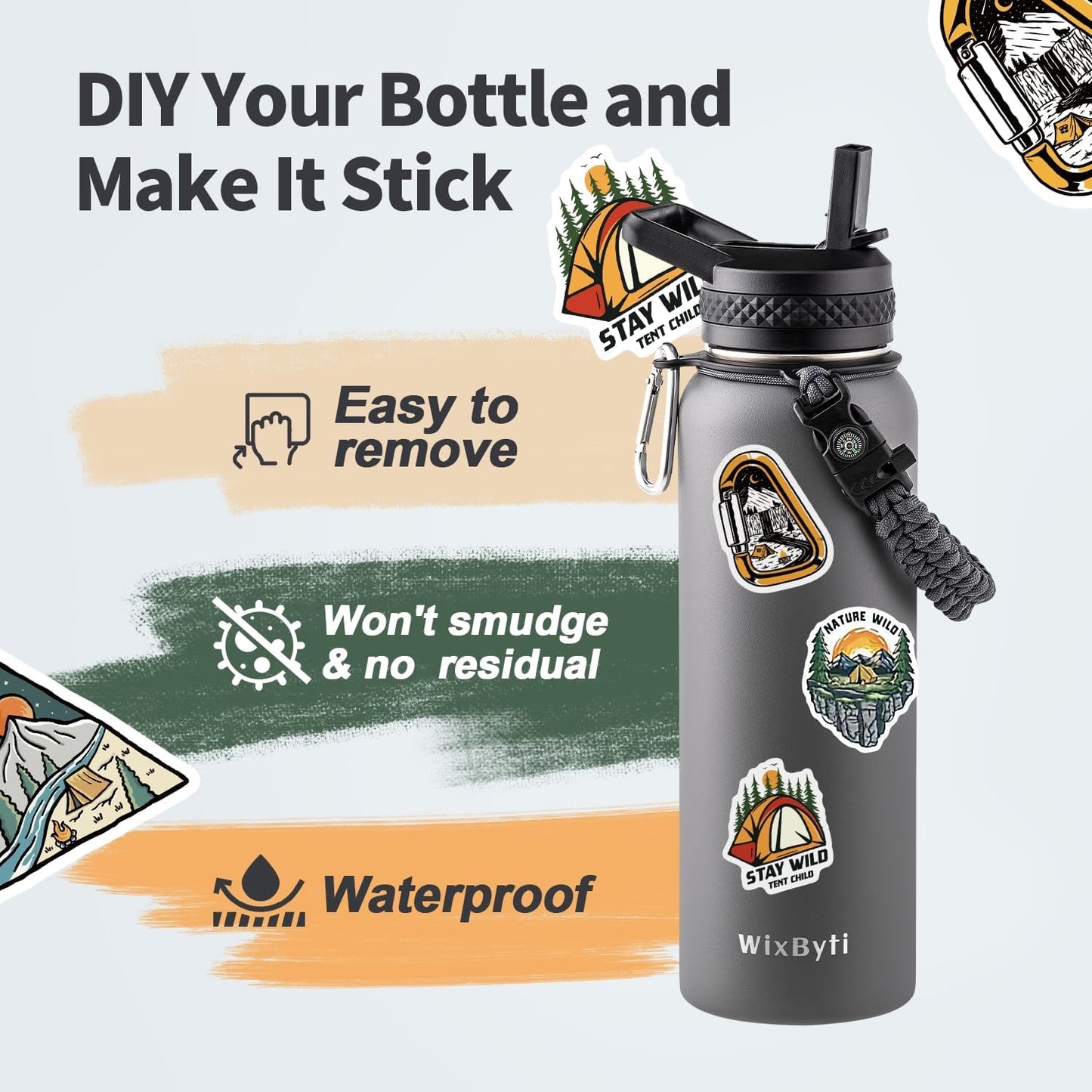 40 oz Insulated Water Bottle with Straw (Cold for 48 Hrs), Stainless Steel Triple Wall Vacuum Sports Water Jug, Leakproof Hydro Cup Flask with Paracord Handle & Straw Spout Lids & DIY Stickers