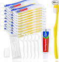 100 pcs Disposable Toothbrushes with Toothpaste and Floss Set,Yellow Individually Wrapped Bulk Single Use Toothbrush Floss Cover Travel Toothbrushes Kit with Zip Bag for Homeless,Hotel,Guest