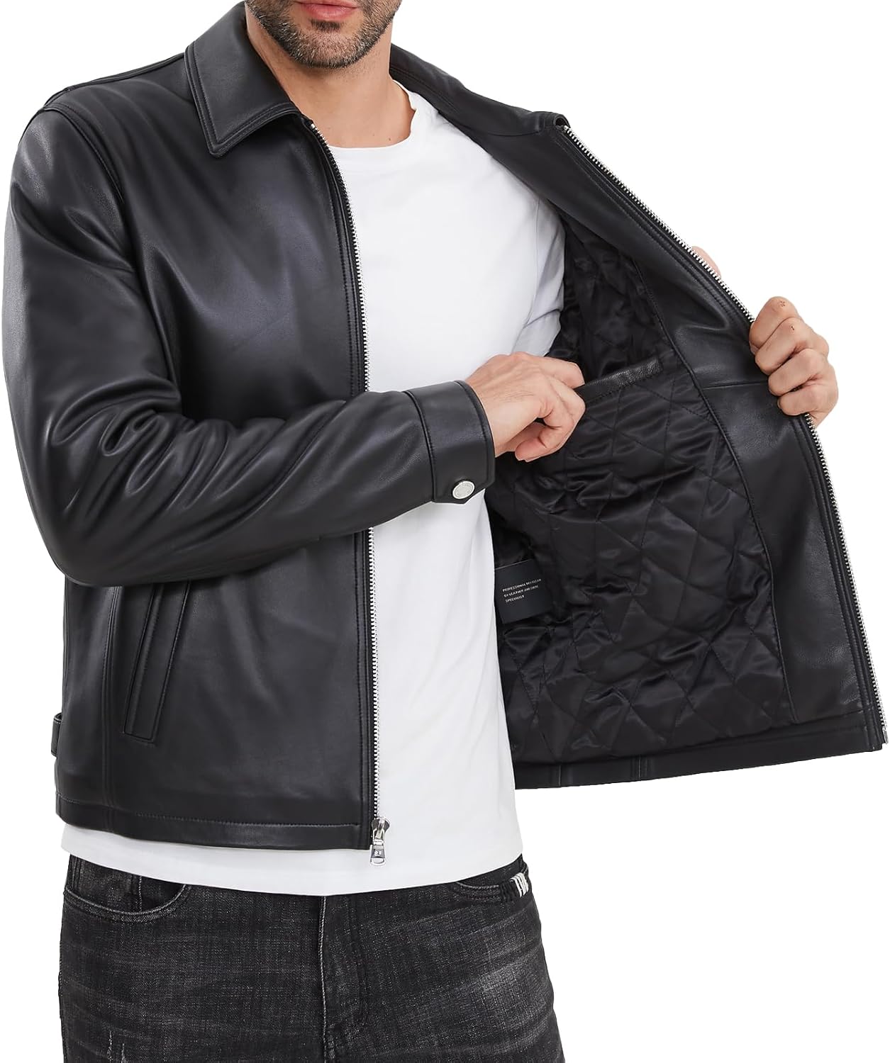 Leather Jacket Men,Lambskin Jacket with Full Zip Front,Casual Style,Tailored Design,Metal Snap Cuffs