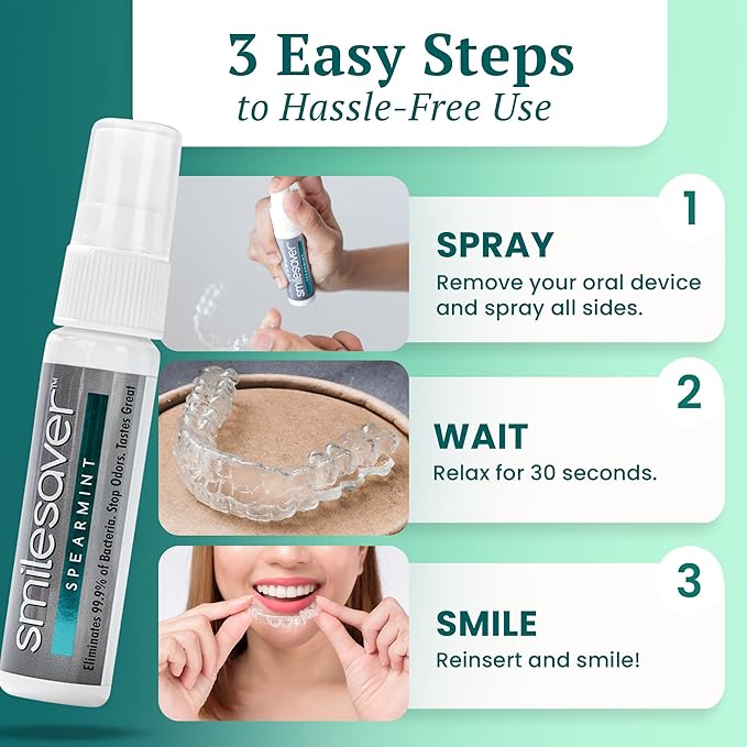 Smilesaver Retainer Cleaner - A Clean Label, Healthy Choice, 30 Sec Spray Cleaner for Retainers, Invisalign, & Dentures. Minty Taste. Portable, Convenient, No Rinsing. Protects Oral Health. (2oz)