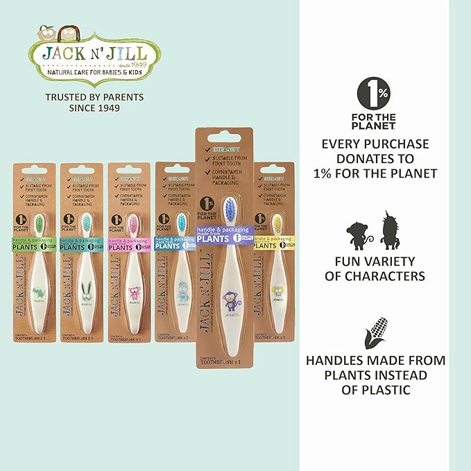 Jack N' Jill Kids Toothbrush - Extra Soft Bristle Toothbrush for Kids, Handle & Packaging Made from Plants (Corn), Ergonomic Handle for Little Hands - Dino Baby (1 Pack)