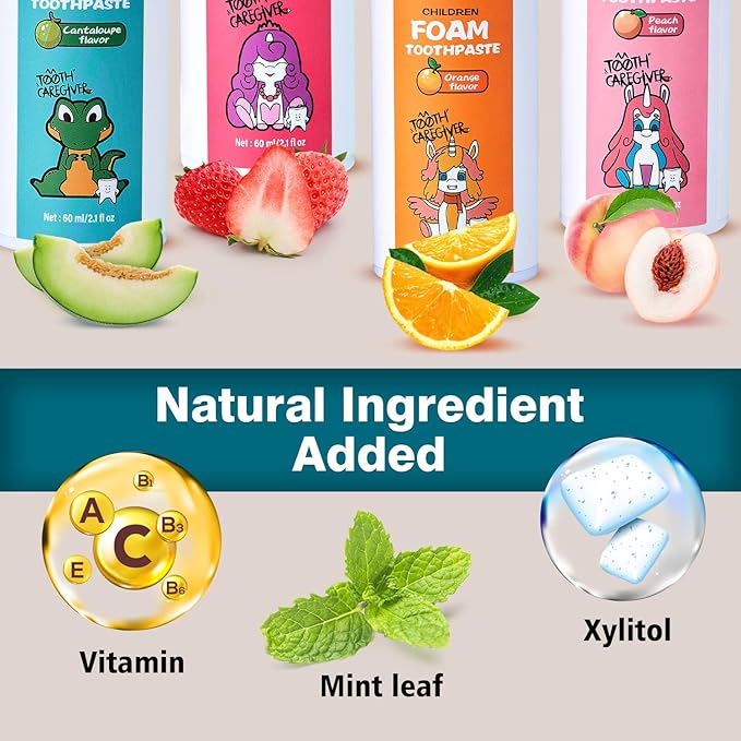 NOHOO Fluoride Free Foam Toothpaste Kids Cantaloupe,Natural Training Toothpaste for Baby Toddler Children Oral Cleaning and Cavity Protection(2 Pack