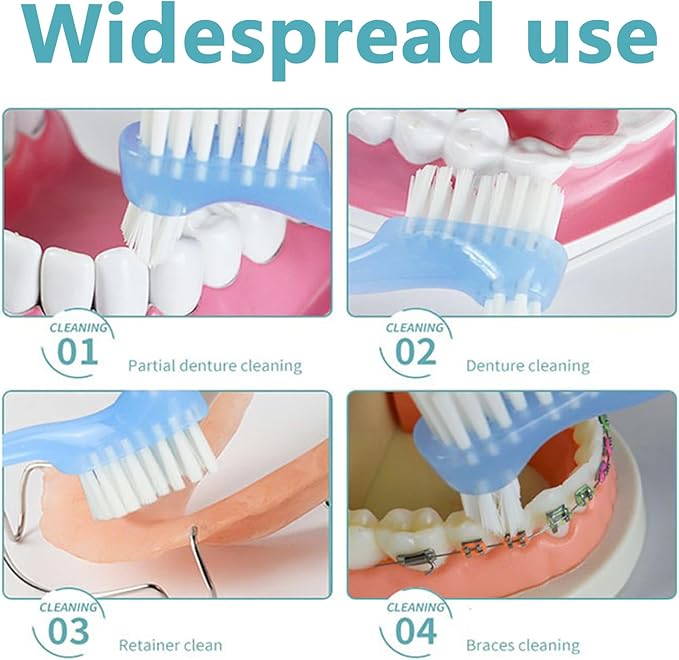 2-Piece Denture Cleaning Brush Set - Multi-Layered Bristles False Toothbrush with Ergonomic Handle and White Carrying Case for Fake Teeth Cleaning, Travel-Sized Oral Care Tool (Green&Purple, One Size)