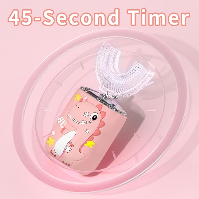 Kids Electric U Shaped Toothbrush,Kids Dinosaur Sonic Full Mouth Toothbrush with 4 Soft Brush Head Automatic 6 Cleaning Modes IPX7 Waterproof 360 Degree Cleaning - Age8-15 Pink