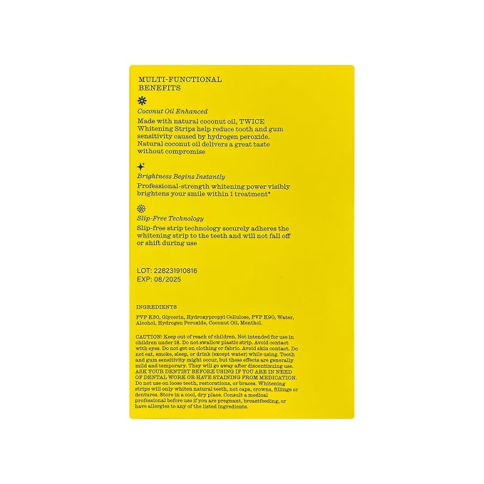 Twice Twice Teeth Whitening Strips – 20-Day Treatment, Coconut Oil Enhanced, No-Slip, Vegan, Easy to Use, Sweet Mint Flavor, Gentle Whitening Designed with Care for a Brighter Smile