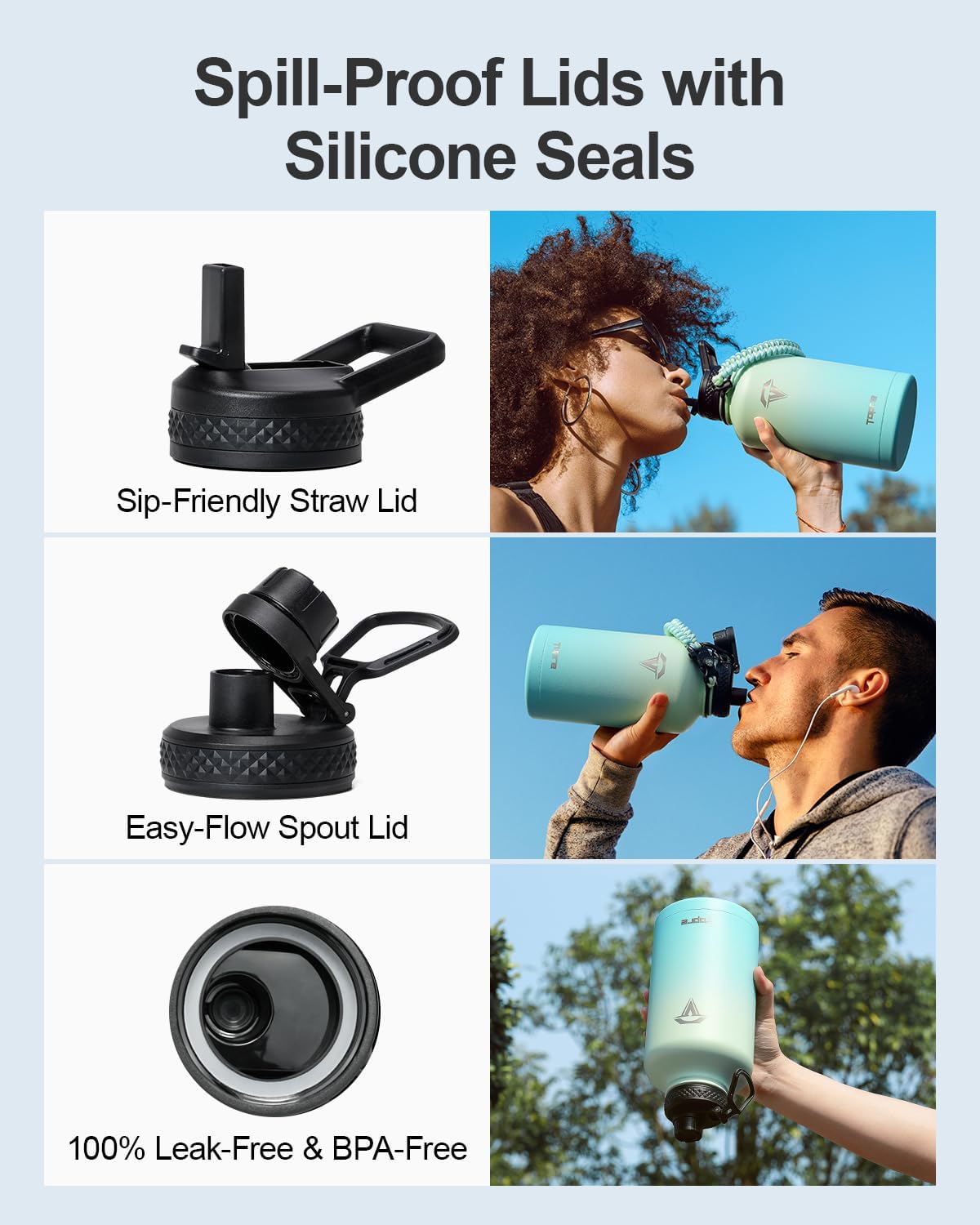 Insulated Water Bottle 64oz,Half Gallon Water Flask Stainless Steel Vacuum, Cold for 48 Hrs,BPA-Free & Leakproof -with Paracord Handle, Strap,Straw Spout Lids,Large Jug for Gym Sports,Green