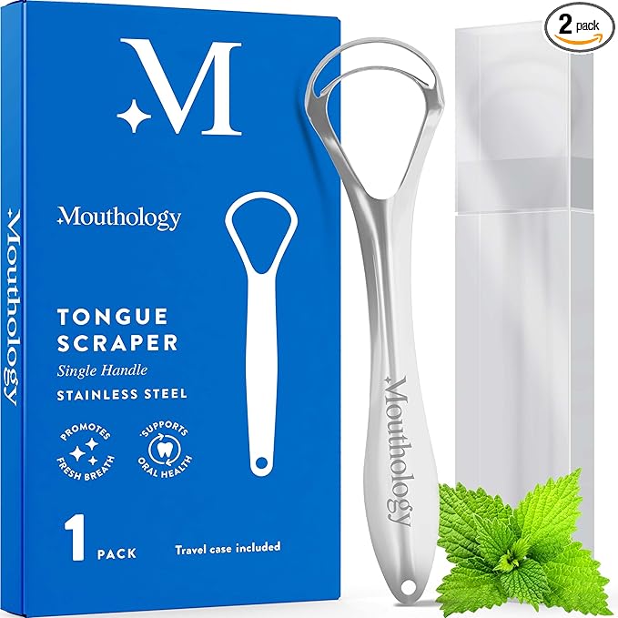 Mouthology Metal Tongue Scraper, Reduce Bad Breath in Seconds, Stainless Steel Tongue Cleaners for Adults, Metal Tounge Scrubber, Tongue Scraper Cleaner for Fresh Breath Tongue Brush (One Pack)