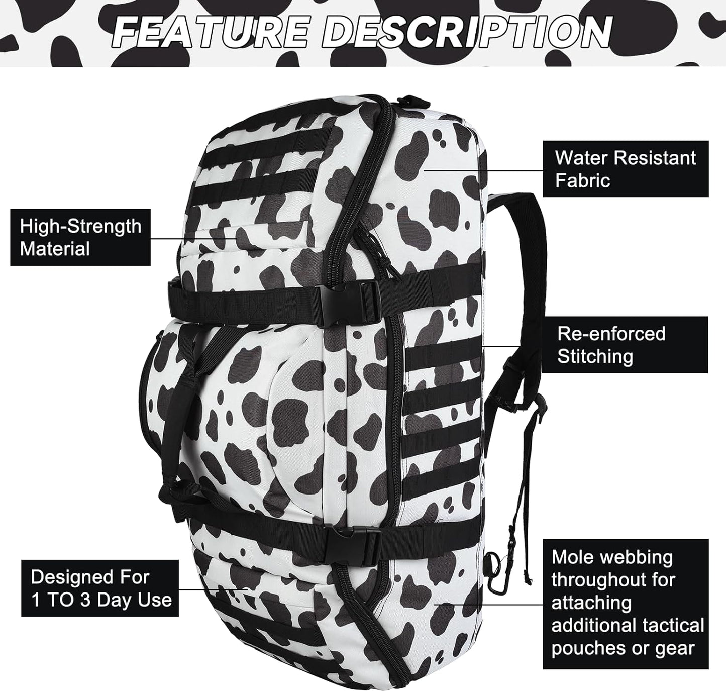 65L Large Duffle Bag, 3-in-1 Tactical Backpack MOLLE Pack for Sports, Gym, Outdoor, Cow Color