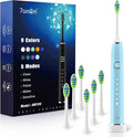 7AM2M Sonic Electric Toothbrush with 6 Brush Heads for Adults&Kids, One Charge for 120 Days, Wireless Fast Charge, 5 Modes, 40000VPM Powered Toothbrush, 2 Minutes Built in Smart Timer (Light Blue)